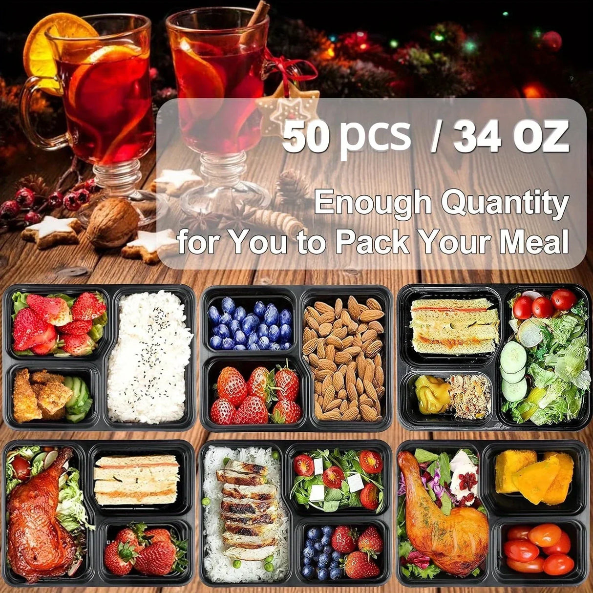 20/50pcs Lunch Box 3 Compartment Food Storages With