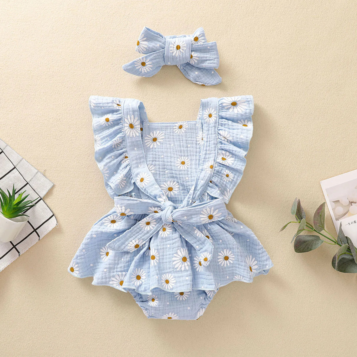 0-18M Newborn Girls Floral Jumpsuits Cotton Sleeveless Ruffles