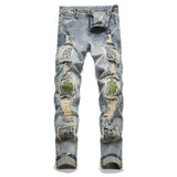 Men Embroidery Patches Denim Jeans Holes Ripped Distressed