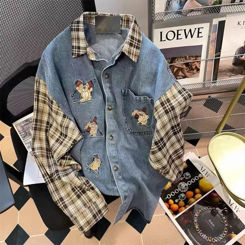 Men's Plaid Stitching Denim Shirt Women's Autumn New