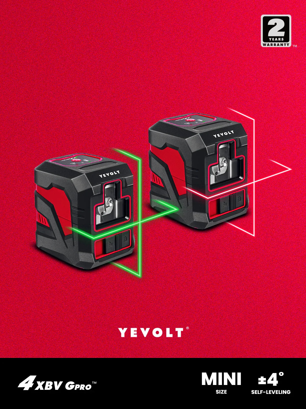 YEVOLT YVRLL4XS2/YVGLL4XS2 Red/Green Cross Line Laser Level 2-Line