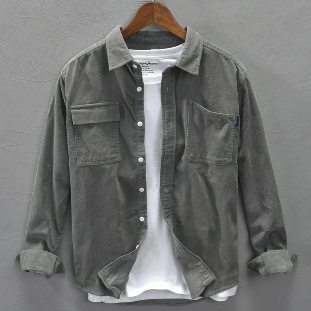 Stylish Men's Corduroy Cargo Shirts Long Sleeve Lapel