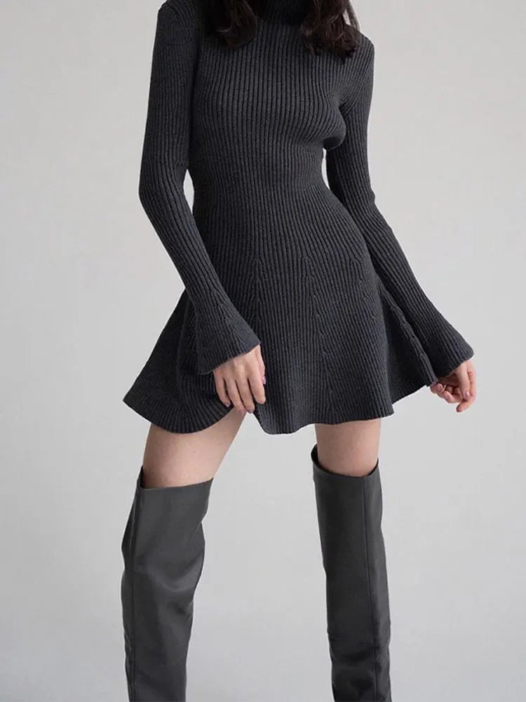 Ribbed Knitted Long Flare Sleeved Mini Dress Half