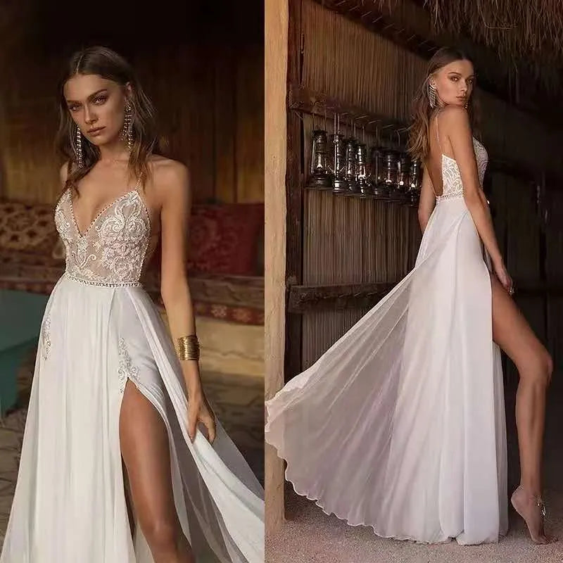 Boho Wedding Dress Sexy Slit Beach Wedding Dress