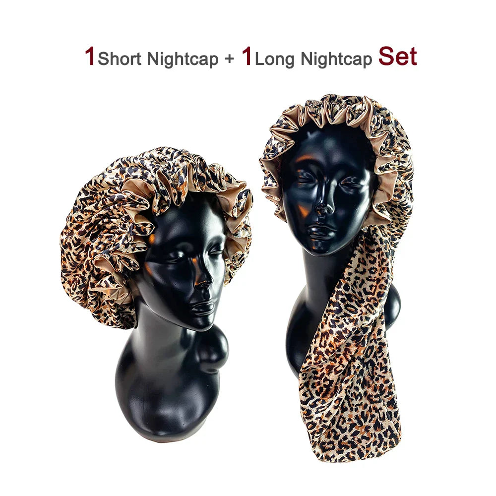 Leopard Print Double Layer Silky Bonnet Adjustable Elastic