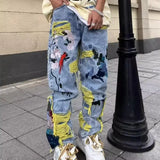 Washed Destroyed Pleated Chinese Painting Embroidered Patch Denim