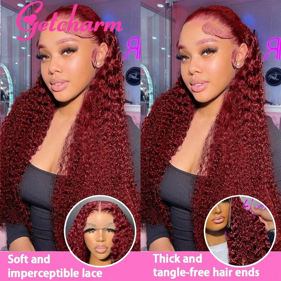 weargo 99J Burgundy Curly Lace Wigs Human Hair