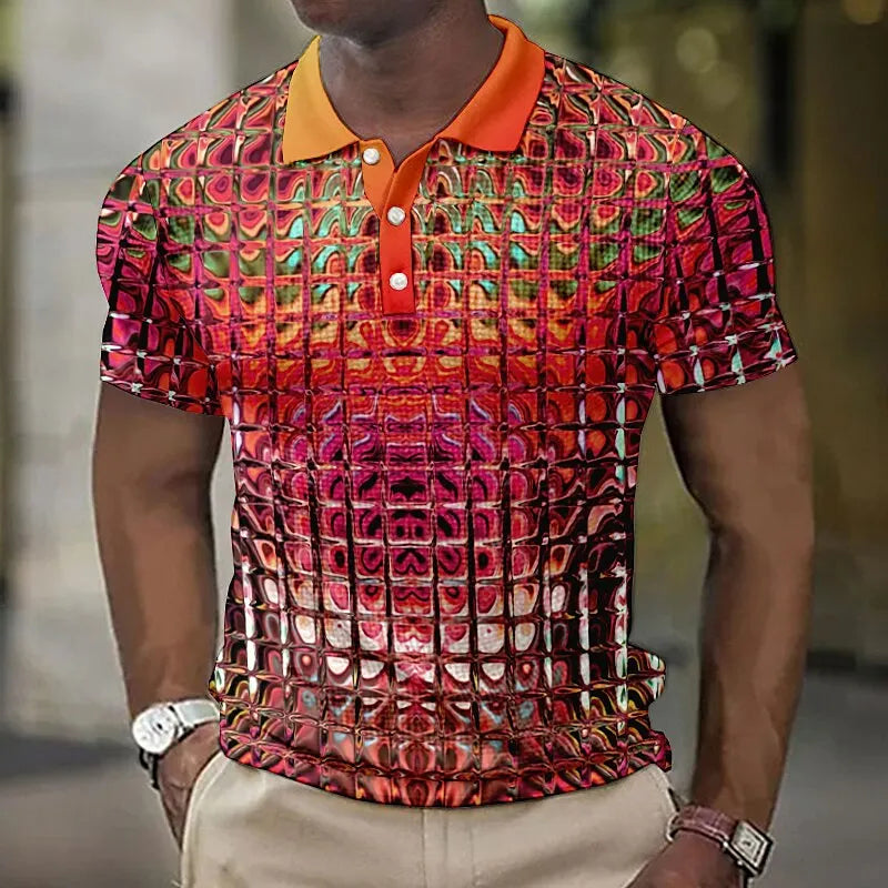 Fashion Men'S Polo Shirts 3d Simulation Metal Plaid