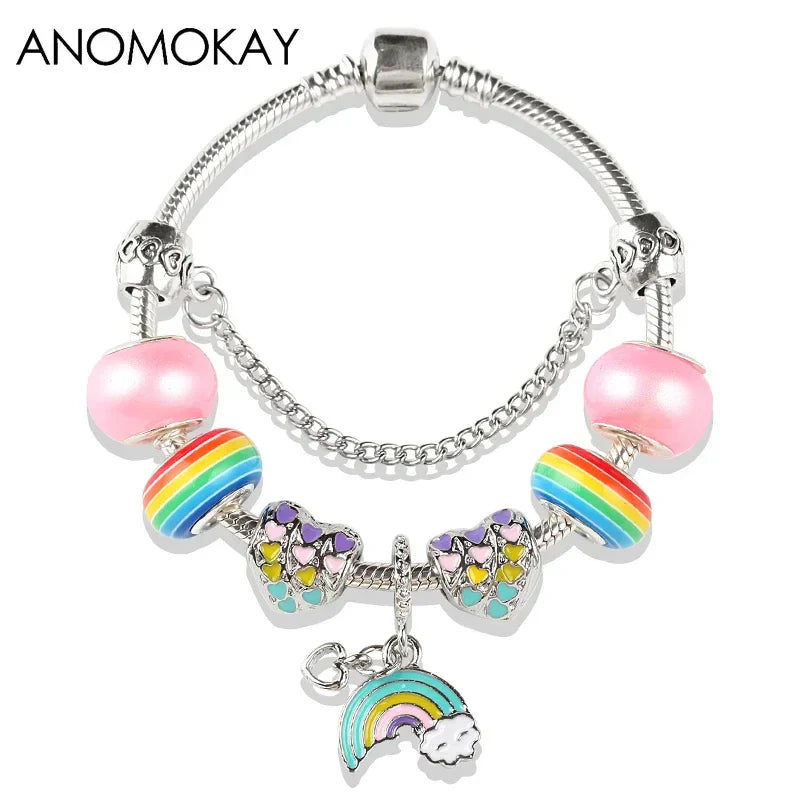 Colorful Rainbow Moon Heart Pendant Charm Bracelet Lovely