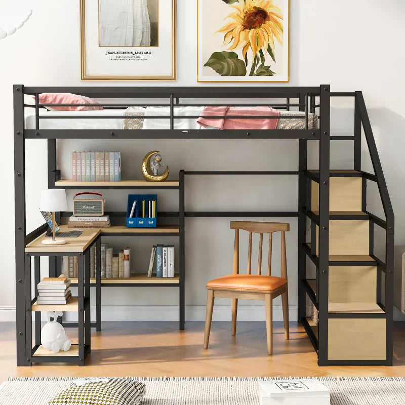 Full Size Metal Loft bed with Staircase, Built-in Desk and Shelves，Bedroom practical single bed for children, bunk bed for teen