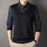 Spring and Autumn Men's Pullover Button Contrast Plaid