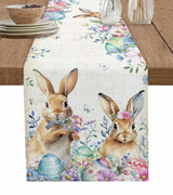 Easter Bunny Spring Flowers Linen Table Runner Washable