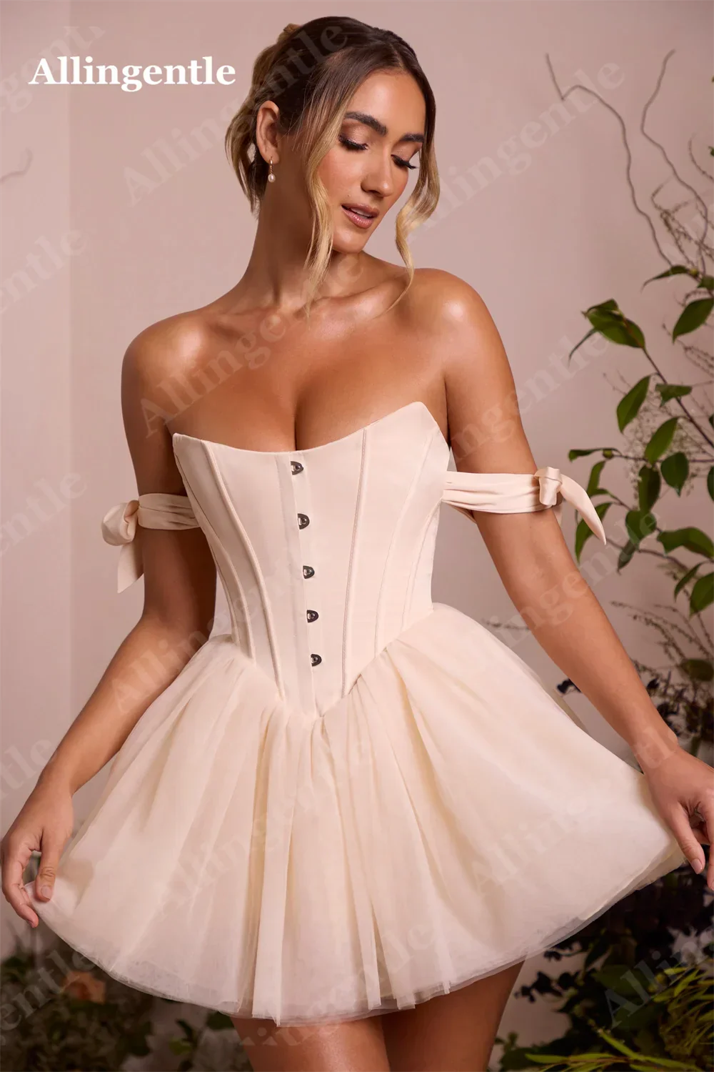 Allingentle Blush Pink Off Shoulder Homecoming Dresses 2024