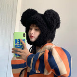 New Big-ear Bear Cashmere Bomber Hats Women Fluffy