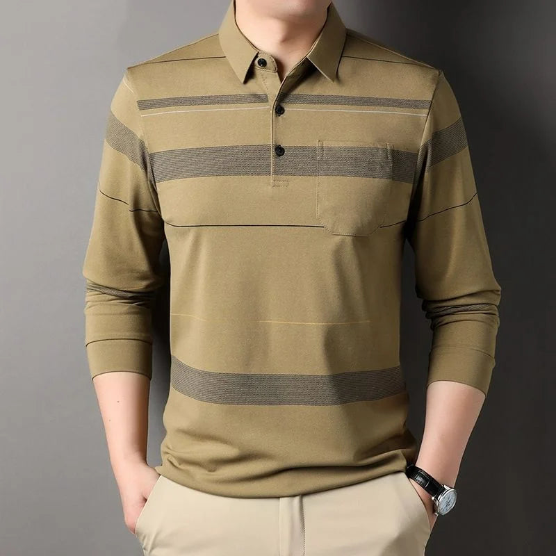 Streetwear Fashion Men Long Sleeve Striped Polo Shirts