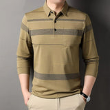 Streetwear Fashion Men Long Sleeve Striped Polo Shirts