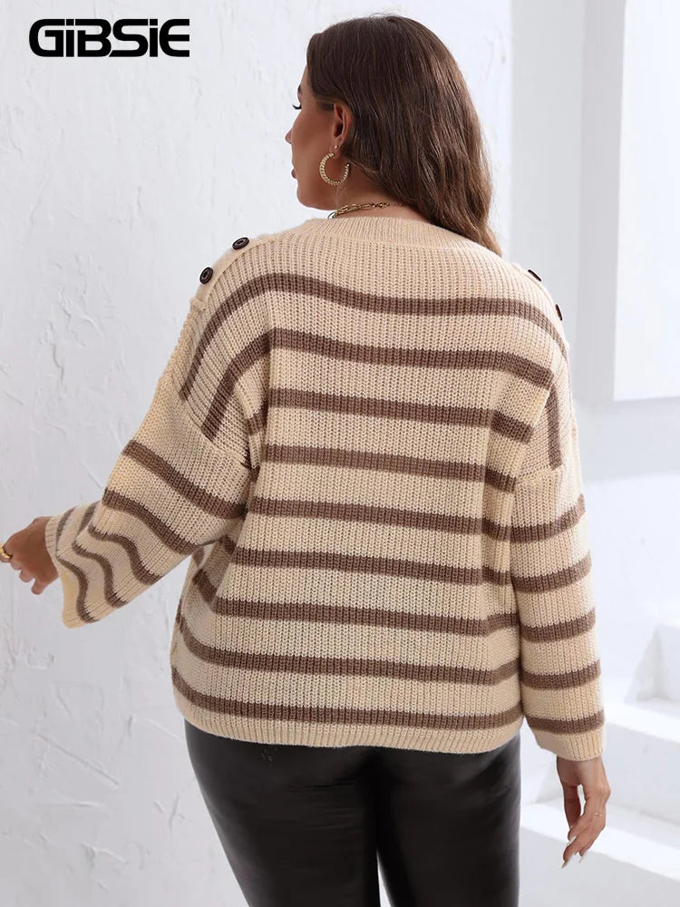 GIBSIE Plus Size Drop Shoulder Button Detail Striped