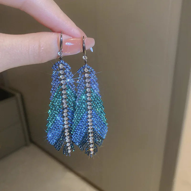 Long Retro Blue Flower Feather Tassel Dangle Earrings