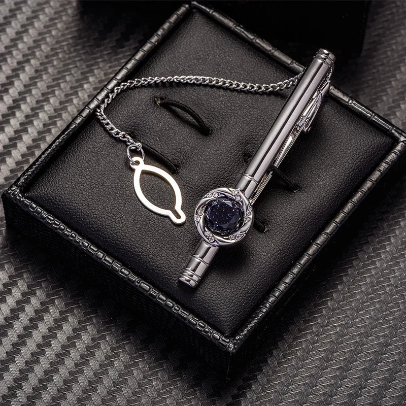Silver Color Starry Sky Stone Cufflinks Tie Clip