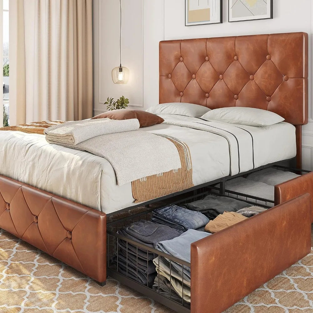 Upholstered Bed Frame with 4 Storage Drawers and