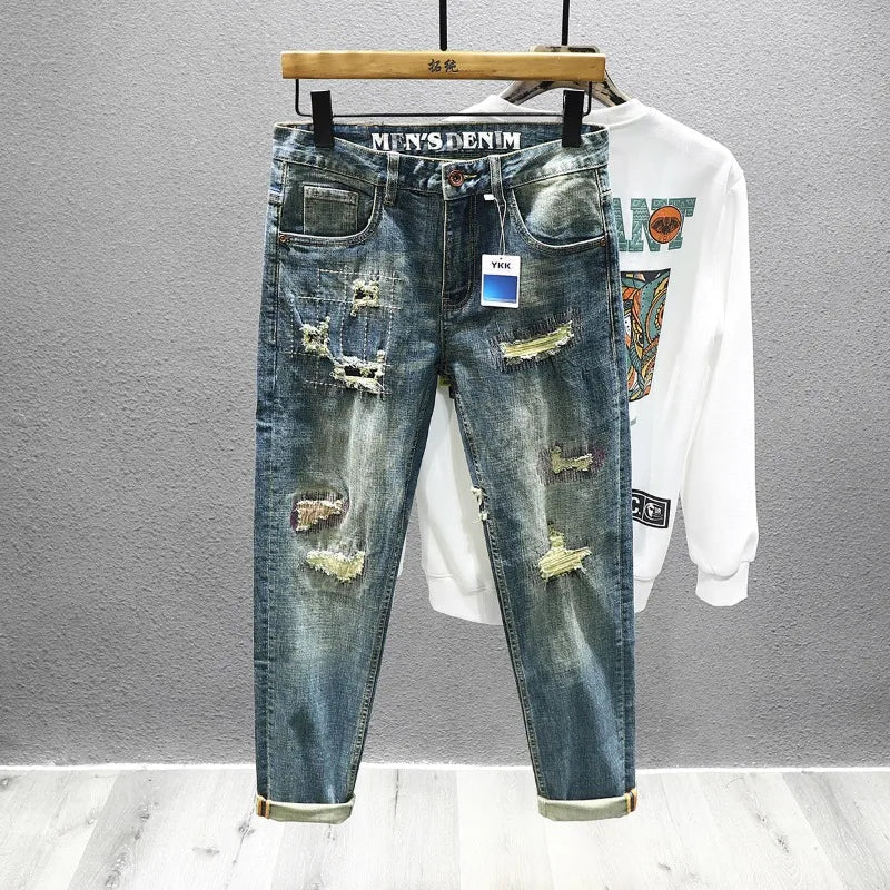 Streetwear Ripped Jeans Men's American Slim Stretch Fashion