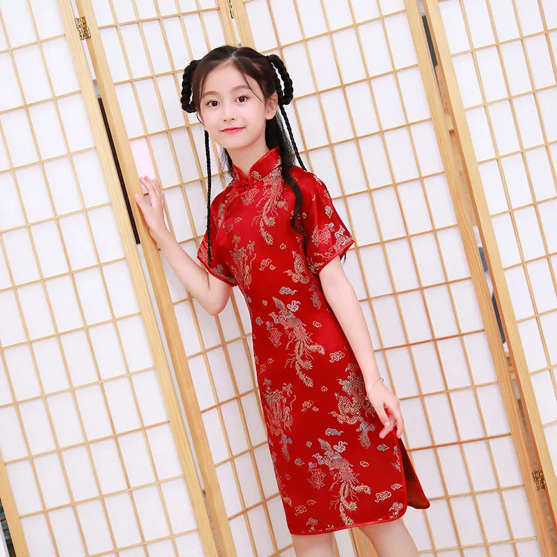 Summer Children Cheongsam Dragon Phoenix Embroidery Qipao Princess