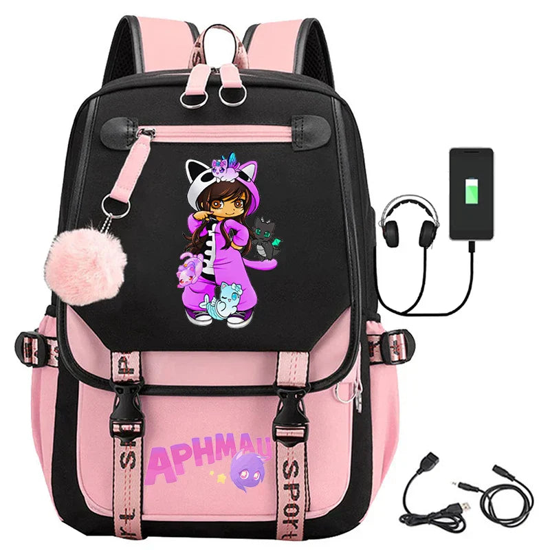 Fashion Aphmau Print Backpacks Teenage Usb Charging Rucksack
