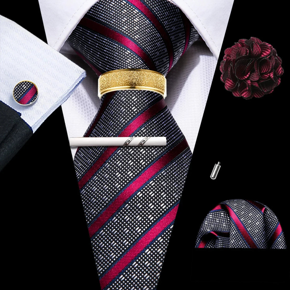 Barry.Wang Silk Mens Tie Hanky Cufflinks Clip Brooch