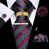 Barry.Wang Silk Mens Tie Hanky Cufflinks Clip Brooch