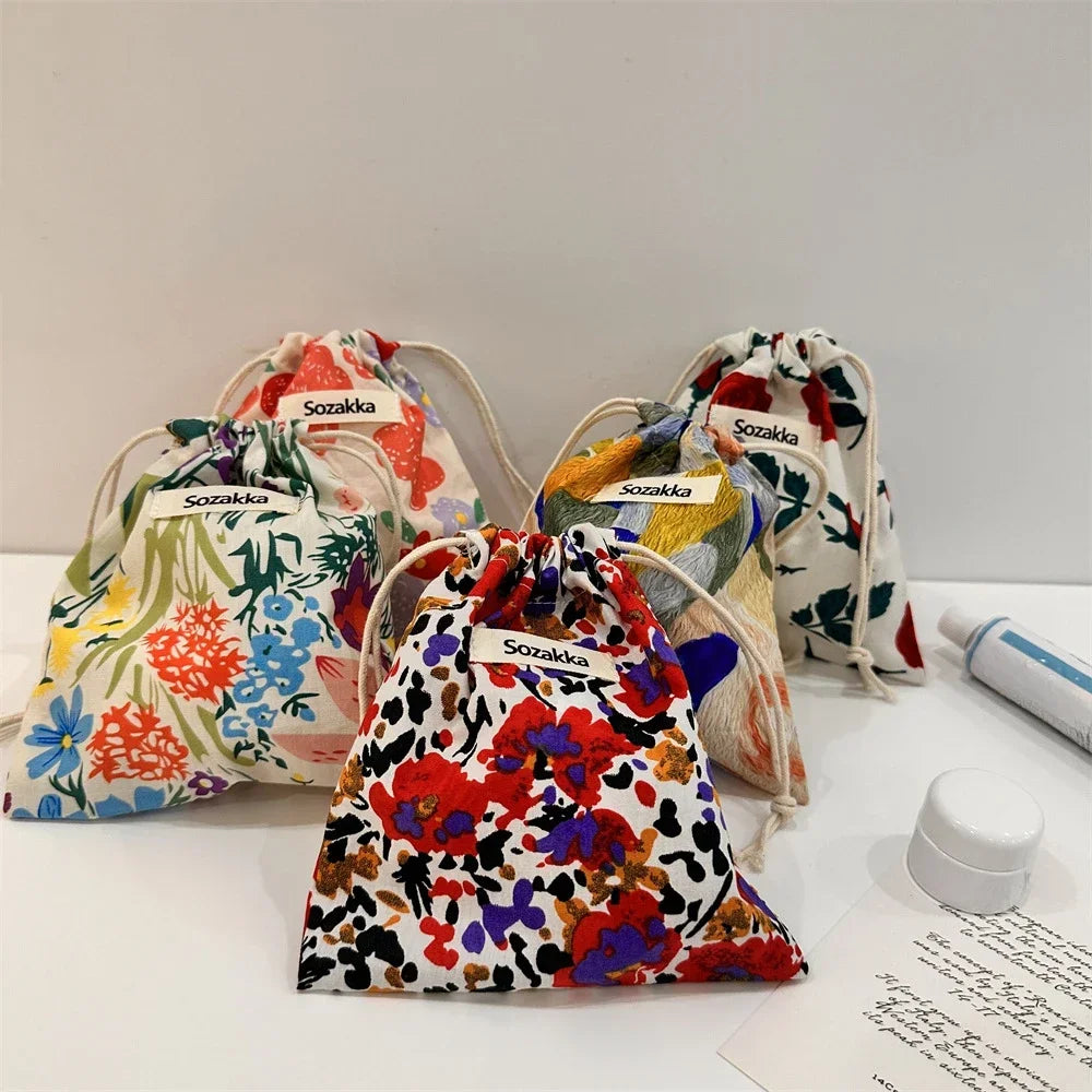 Cotton Fabric Floral Small Drawstring Bags Lipstick Toiletry Makeup Organizer Coin Pocket Bags Purse Keys Earphone Storage Bag