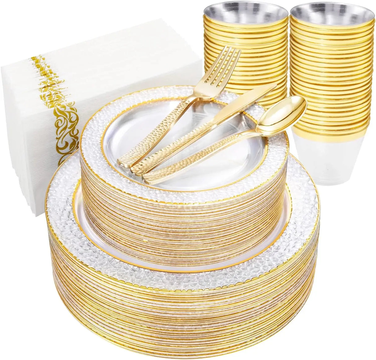 350PCS Gold Disposable Dinnerware Set, 50 Dinner Plates,