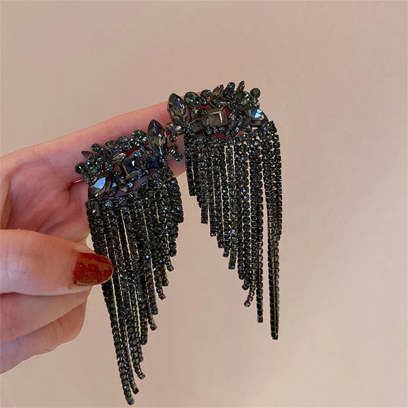 FYUAN Long Tassel Full Rhinestone Drop Earrings for