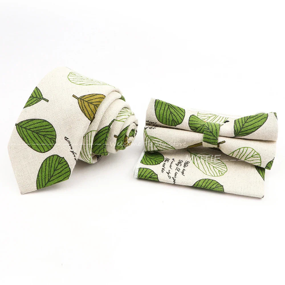 Men Linen Plant Ainmal Ties Set Pocket Handkerchief