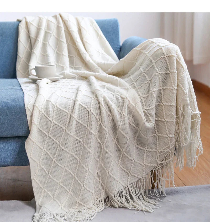 Boho Woven Throw Blanket with Tassels Jacquard Textured Boho Summer Cozy Farmhouse Throw Blankets Manta Para Sofá Yellow Khaki