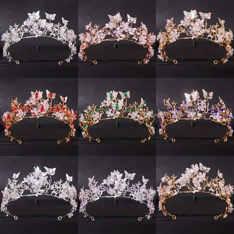 Handmade Bridal Pearl Rhinestone Crown Tiara Butterfly Floral