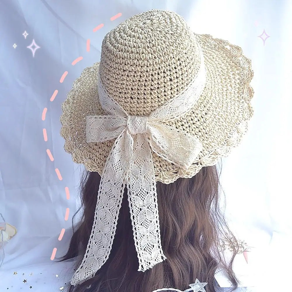 Big Lace Bow Straw Hat Foldable Wide Brim