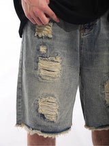ReddaChic Vintage Wash Destroyed Denim Shorts Men Brushed