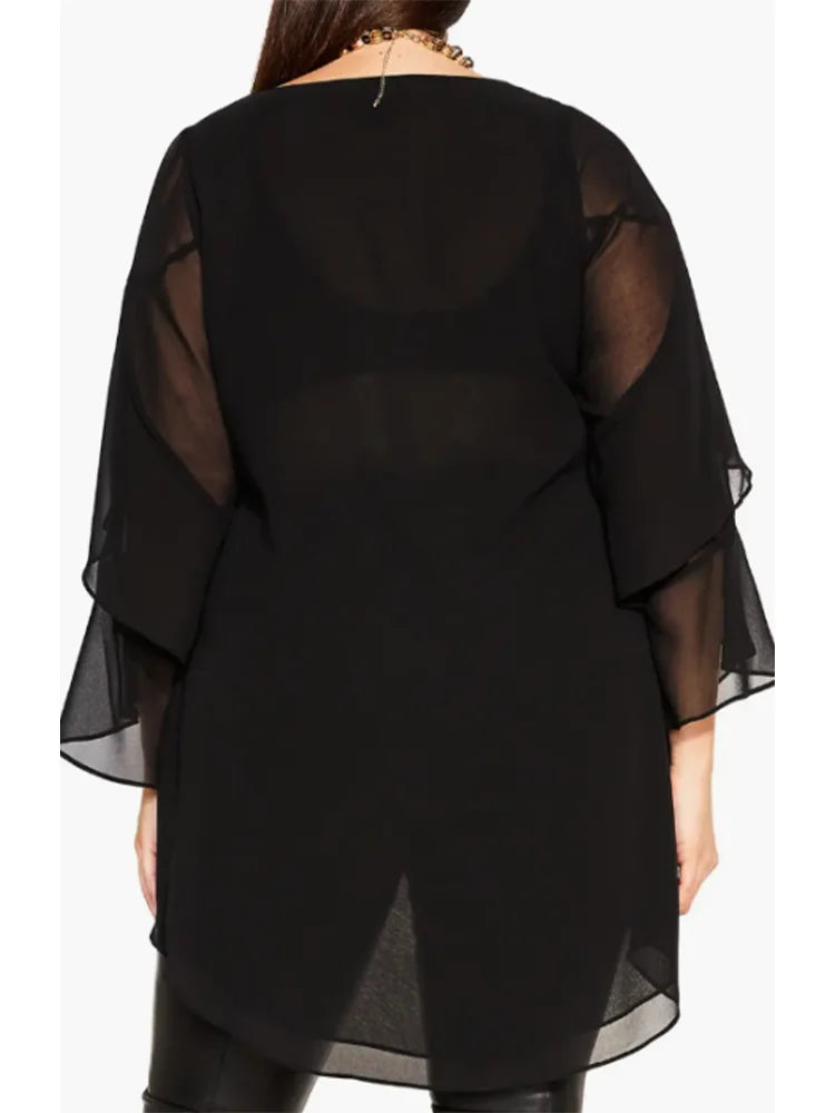 New Female Plus Size Casual Black Layered Ruffle