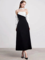 DEAT Elegant Dress Strapless Off Shoulder Contrast Color