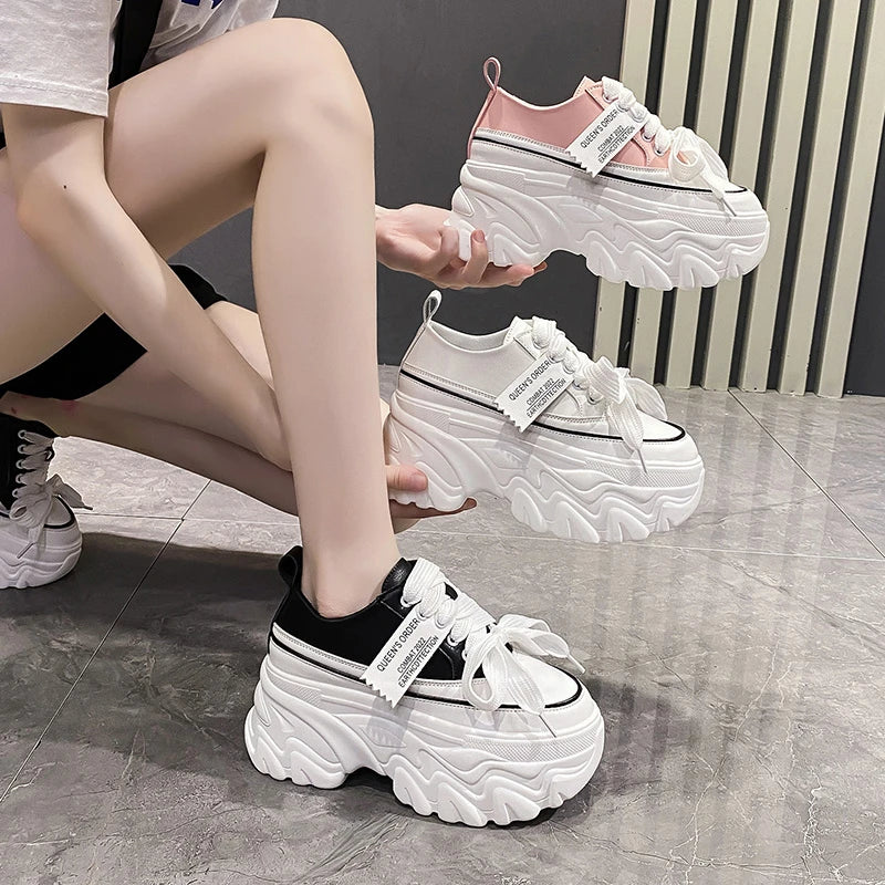 New 2022 Women Hidden Heels Sneakers 8CM High Platform Wedges Sneakers Autumn Chunky Leather Shoes Woman Lace Up Dad White Shoes