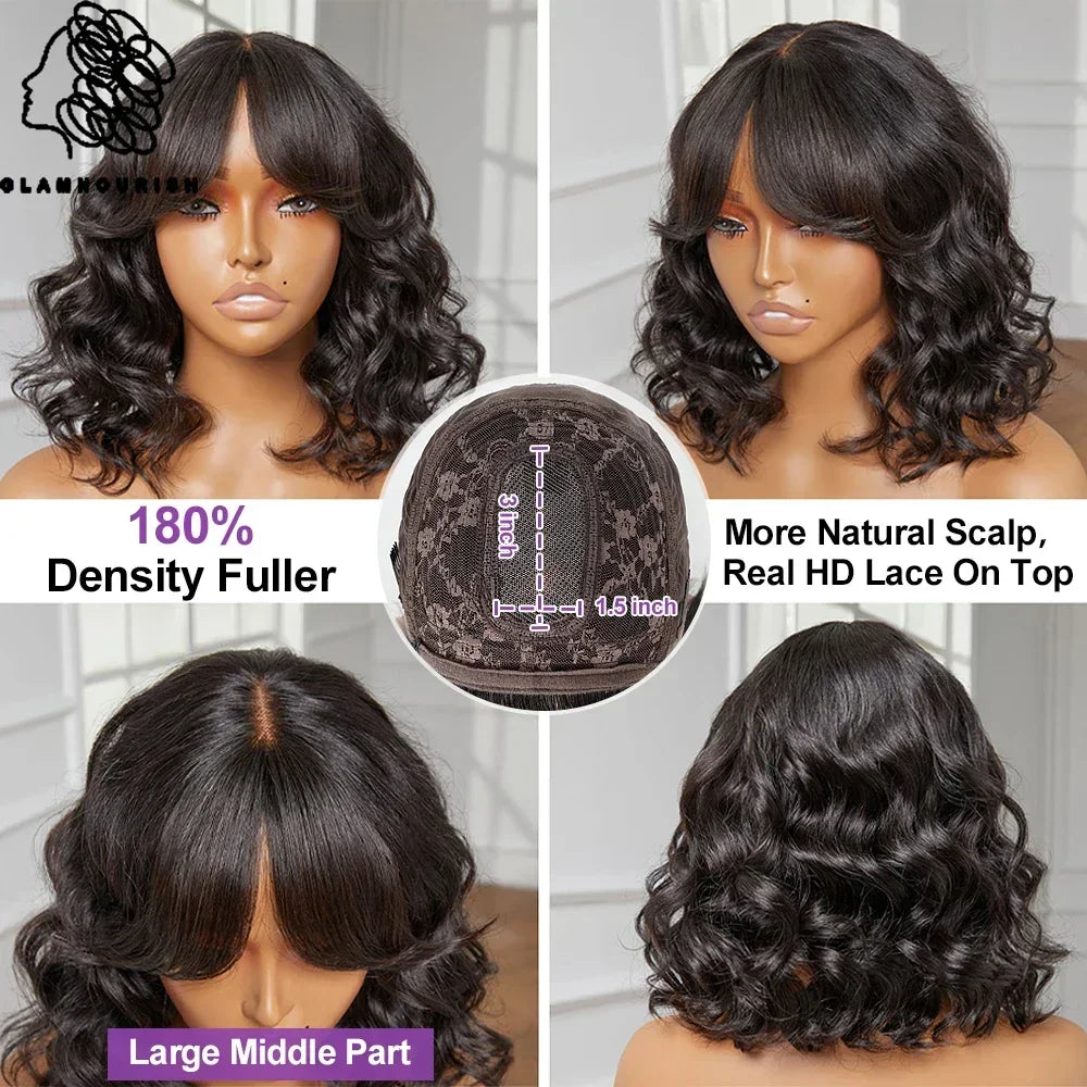 Body Wave Human Hair With Bangs 3x1.5 Lace