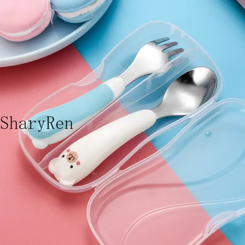 Baby Children Spoon Fork Set Cartoon Bear Stainless