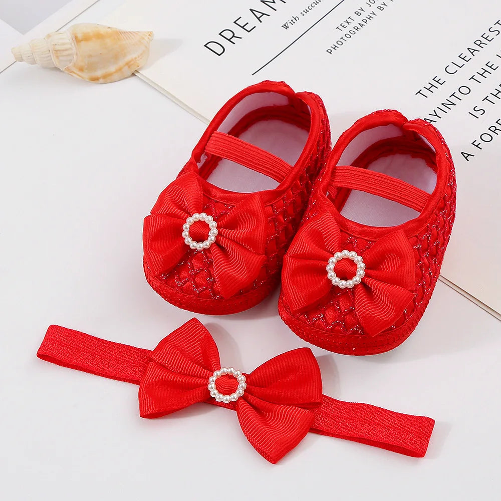 0~18M Cute Bowknot Newborn Baby Shoes Headband Set