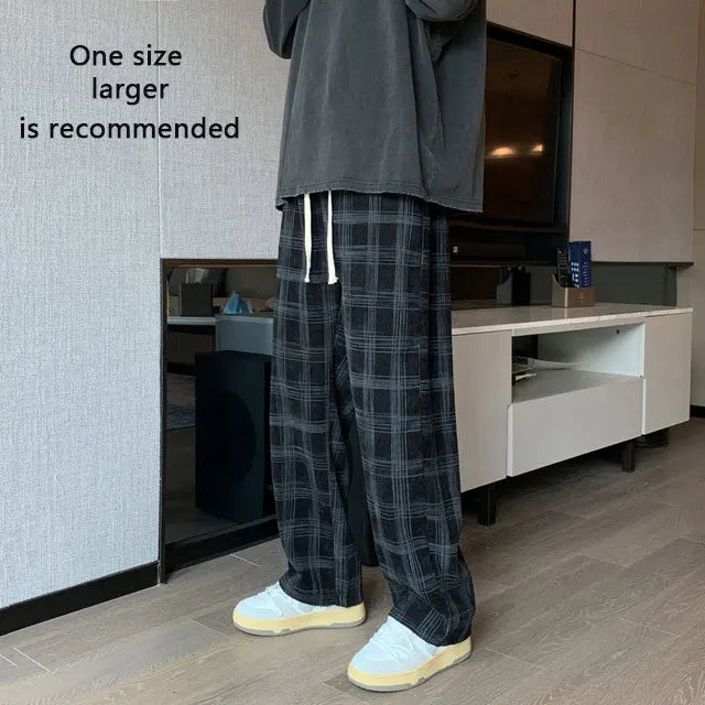 Men Checkered Casual Pants Loose Straight Corduroy Pants