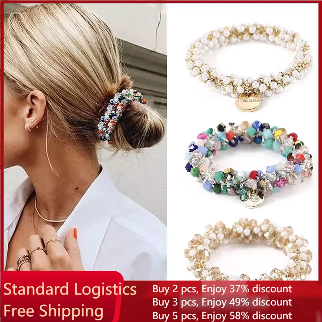 1pc Women Crystal Pearls Hair Rope Handmade Elastic