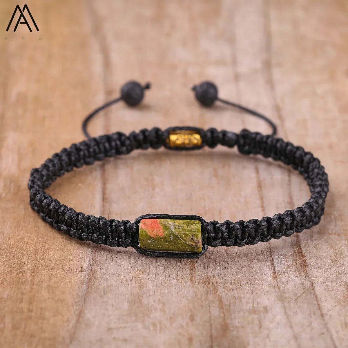 Natural Black Tourmaline Single Beads Woven Adjustable Bracelet