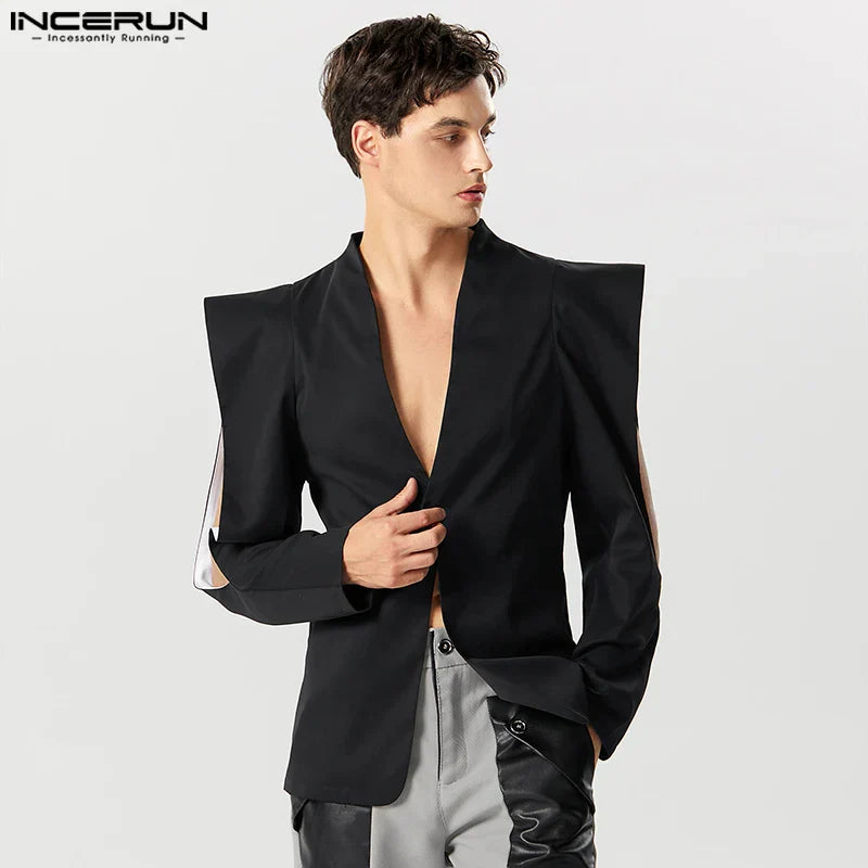 Men Blazer Solid Lapel Long Sleeve One Button