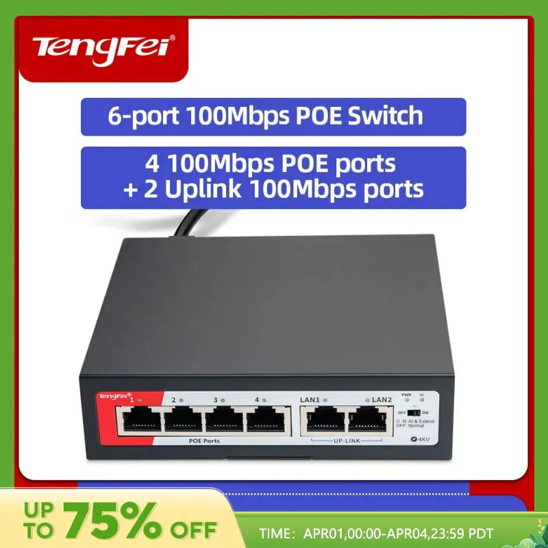 TengFei POE Switch 6Port 100Mbps Switch 4 PoE+2