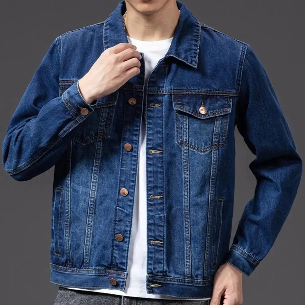 Men Denim Jacket Long Sleeves Multi Pockets Lapel