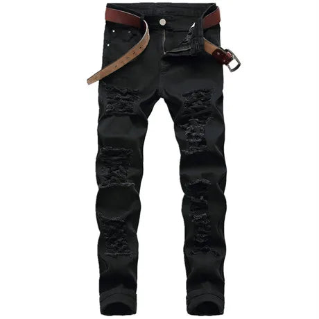 Straight Hole Destruction Trousers Distressed Jeans Men Denim